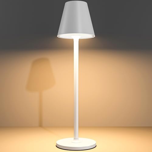 Timjorman Modern LED Cordless Table Lamp, 4000mAh Rechargeable Battery, 3 Level Brightness Night Light, Metal Shell, Minimalist Design, for Couples Dinner/Coffee Table/Restaurant/Bedroom, White - color: White