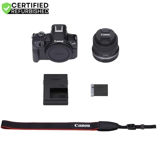 Canon EOS R50 Mirrorless Camera (Black) with RF-S 18-45mm F4.5-6.3 is STM Lens 5811C012 (Renewed) Bundle with Deco Gear Photography Bag + Microphone + Tripod + Photography Ebook & Accessories Kit