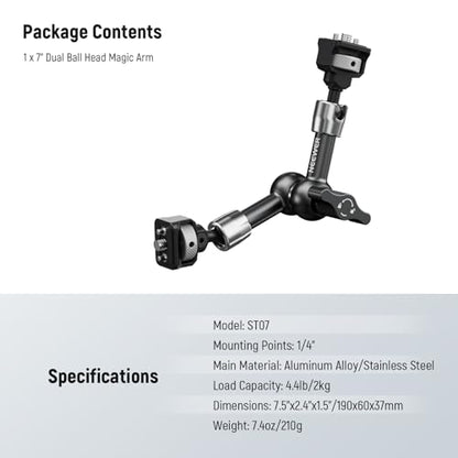 NEEWER 7" Articulating Magic Arm with 360° Ball Heads & Locating Pins for ARRI, Camera Monitor Mount with 1/4" Screws for DSLR Action Camera Monitor Video Light Compatible with SmallRig Cage Rig, ST07 - size: 7"