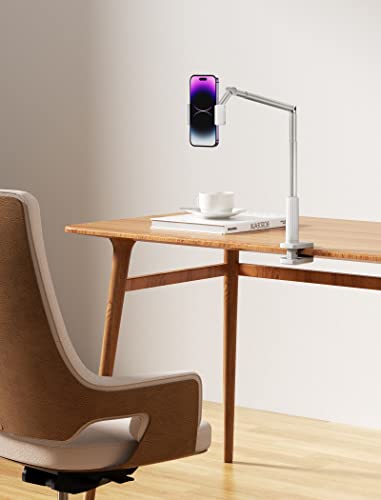 JSAUX Phone Holder for Desk and Bed Compatible with iPhone 16 15 14 13 12 Overhead Phone Mount Gooseneck Phone Stand Flexible 360 Lazy Long Arm Clamp Clip for Table Bedside [1-Pack, White] - color: White
