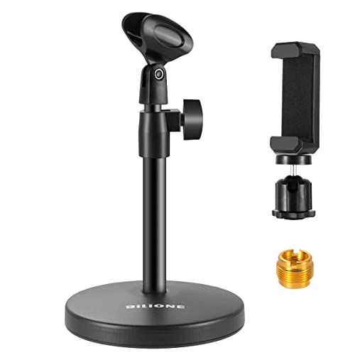 BILIONE 3 in 1 Multi Function Desktop Microphone Stand, Adjustable Table Mic Stand with Microphone Clip, Cell Phone Clip, 5/8" Male to 3/8" Female Metal Adapter - size: 101S