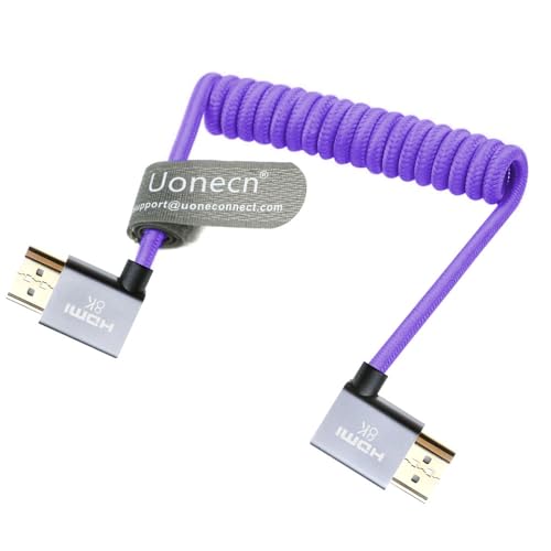 Uonecn Right Angle HDMI 2.1 Cable for Camera, 48Gbps 8K Braided Coiled HDMI for Atomos Ninja V, Portkeys BM5, Short HDMI Cable for Sony A7iv, Z-CAM F6, Z-Cam E2 Pro Cameras, Purple, Left to Right - color: Purple, size: Left to Right Angle