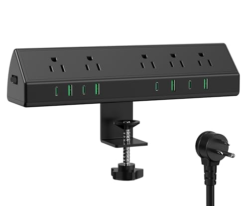 45W Fast Charging Station,Desk Clamp Power Strip,4 PD USB-C Ports,5 AC Outlets,Surge Protector Power Strip, 14AWG Heavy Duty Cord, Fits 1.9" Tabletop Edge (Black, 15 FT Cable) - color: Black, size: 15 FT Cable