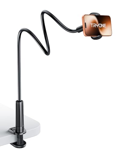 Tryone Gooseneck Phone Holder Hands-Free for Phone Viewing Or Recording, Adjustable Stable Metal Cell Stand Mount for Desk Table Bed, Soporte para Celular, Fits 4-7 Phones Including iPhone - Black - color: Black