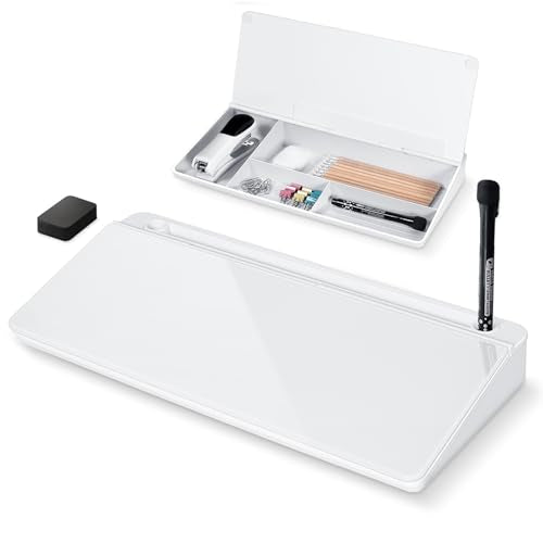Glass Desktop Whiteboard with Storage 15" x 7" Desk Dry Erase Board with Marker & Eraser Compact Desk Organizer Computer Keyboard Stand Desk Board Buddy for Office, Home, School