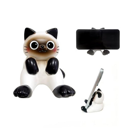 Cute Siamese Cat Phone Stand, Resin Desktop Phone Holder with Stable Base, Kawaii Cat Figurines Desk Decor Ornament for Home Office