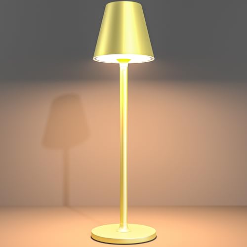 Timjorman 1-Pack Cordless Table Lamps - 5000mAh Rechargeable Battery Operated Desk Lamp, 3-Level Dimmable LED Night Light for Bedroom, Dining, Restaurant - Metal Design (Champagne Gold-1Pack) - color: Shiny Gold