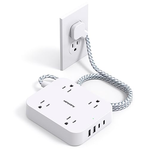Flat Plug Extension Cord, HANYCONY 5ft Power Strip with 4 USB Ports(2 USB C), 4 Widely Outlets Extender, Wall Mount, Desk Charging Station for Office School Travel Dorm Room Essentials, ETL Listed - color: White, size: 5 Ft