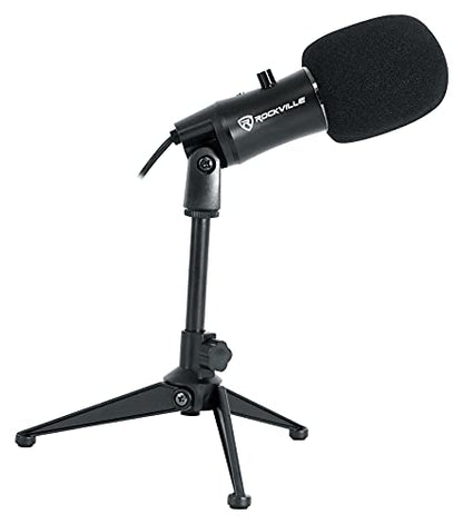 ROCKVILLE A-Stream Live Streaming USB Microphone w Gain+Mute Control+Stand+Cable | Desktop Stand, USB Cable, Plug and Play, Windows/Mac, 14mm Cartridge, Omni-Directional, 20Hz-20kHz