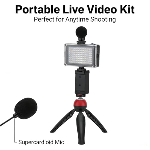 Portable Mobile Phone Photography Kit with Fill Light Microphone Tripod Red - Compact Vlogging Microphone Kit, Recording Equipment for Content Creator and Live Streaming (Red)