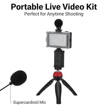 Portable Mobile Phone Photography Kit with Fill Light Microphone Tripod Red - Compact Vlogging Microphone Kit, Recording Equipment for Content Creator and Live Streaming (Red)