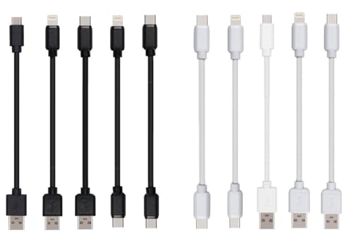 10-Pack Multi Short USB Cables & TypeC-C Cables for Charging Stations Compatible/w iPhone17,16,15, iPhone5-14/ iPads/iPad mini/iPad Pros/Samsung Moblies & Tablets/Pixel & Nexus/HTC/Sony(White) - color: White