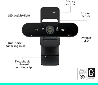 Logitech Brio 4K Webcam, Video Calling, Noise-Cancelling mic, HD Auto Light Correction, Wide Field of View, Windows Hello Works with Microsoft Teams, Zoom, Google Meet, PC/Mac/Laptop/MacBook/Tablet