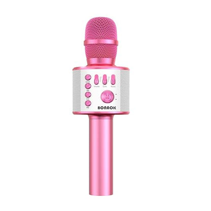 BONAOK Wireless Bluetooth Karaoke Microphone,3-in-1 Portable Handheld Karaoke Mic Speaker Machine Home Party Birthday for All Smartphones PC（Light Pink） - color: Light Pink