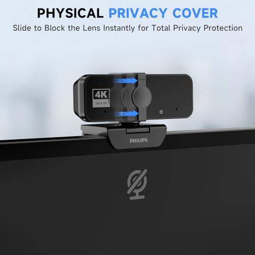 PHILIPS 4K Webcam for PC with Microphone, Computer Camera for Meetings with Privacy Cover, Plug & Play USB Web cam for Laptop, Desktop, Zoom, Teams, Skype, Video Conferencing, Streaming - Black