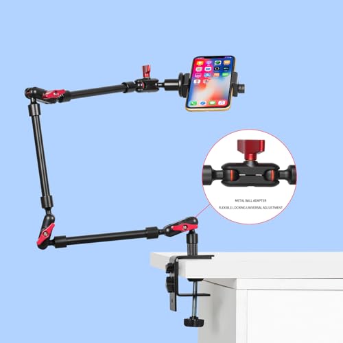 Magic Arm with Clamp, Long Articulating Arm Camera Mount, Adjustable Phone Mount Holder 360° Rotation, Mic Arm for Microphone, LED Lights, for Phone, Tripod, Desk, Table - size: 32"+clamp+phone clip