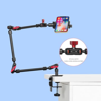 Magic Arm with Clamp, Long Articulating Arm Camera Mount, Adjustable Phone Mount Holder 360° Rotation, Mic Arm for Microphone, LED Lights, for Phone, Tripod, Desk, Table - size: 32"+clamp+phone clip