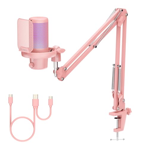FEELWORLD VM1 Pink Gaming PC USB Microphone Condenser Mic with Noise Cancellation Mute RGB Light, Computer Accessories Gifts for Gamer YouTube Twitch Podcast Streaming Recording Online Chat PS4 PS5 - color: Pink