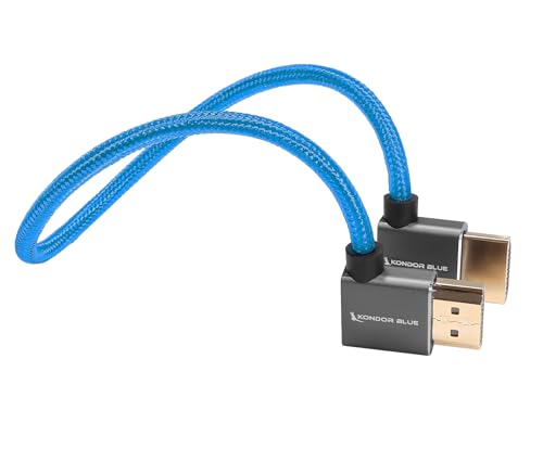 KONDOR BLUE | Full HDMI 2.0 Right Angle to Left Angle 12” Cable | Type A Male to Male, 4K 60Hz 18Gbps HDR 3D, Low Profile | for On-Camera Monitors & Recorders + More | Blue - color: Blue