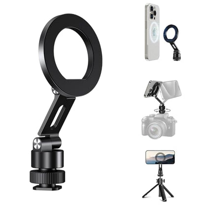 elitehood Aluminum Magnetic Camera Phone Mount with 360° Rotatable Cold Shoe Base, MagSafe iPhone Tripod Mount Adapter with 1/4” Screw & Hot Shoe, 180° Tilt Cell Phone Holder for Tripod Attachment - style: Rotatable Cold Shoe Base