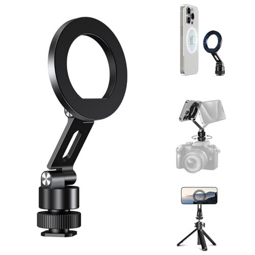 elitehood Aluminum Magnetic Camera Phone Mount with 360° Rotatable Cold Shoe Base, MagSafe iPhone Tripod Mount Adapter with 1/4” Screw & Hot Shoe, 180° Tilt Cell Phone Holder for Tripod Attachment - style: Rotatable Cold Shoe Base
