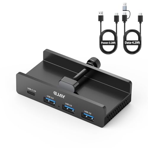 EJAY Clamp USB Hub for Desk & Monitor, 4-Port USB 3.0 Desktop Hub for iMac & MacBook, Mountable USB C Splitter for Home Office Setup, 59" Long Cable Under Desk USB Hub for Floor PC, Black - color: Black