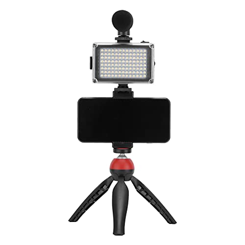 Portable Live Video Kit, Mobile Phone Photography Set with Fill Light Microphone Tripod and Phone Holder for Vlogging Live Streaming (Red) - color: Red