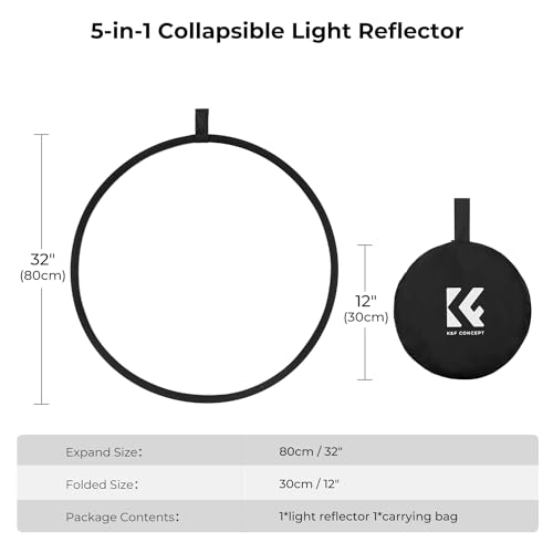 K&F CONCEPT 5-in-1 Light Reflector 32"(80cm) Photography Diffuser Collapsible Portable for Studio and Outdoor Lighting Gold Silver White Black Translucent - size: 32'' (80cm)