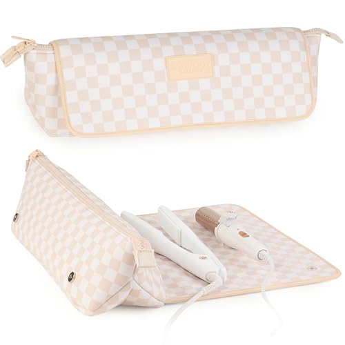 BAREFOOT CARIBOU Hair Tools Travel Bag and Heat Resistant Mat (15.5") for Flat Irons, Straighteners, Curling Iron,and Haircare Accessories, 2-in-1 design, Interior Pockets, Organizer (Checkered Peach) - color: Checkered Peach