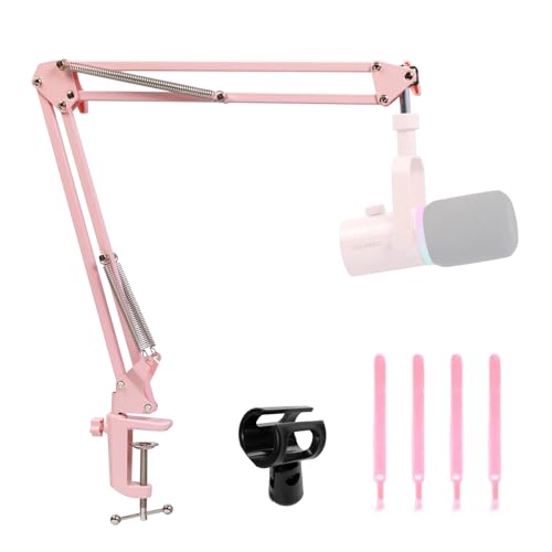 FEELWORLD AMS1 Microphone Boom Arm, Adjustable Mic Arm Stand with 3/8” to 5/8” Screw, Compatible with PM1 and other Mics for Podcast Straming Gaming Studio （Pink) - color: Pink