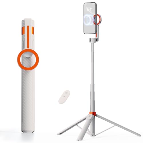 TODI 65" Magnetic Tripod for iPhone with Remote, Selfie Stick for iPhone Magsafe, Cell Phone Tripod Stand for Recording, Travel Tripod Compatible with 16/15/14/13/12 Series (White) - color: White Orange