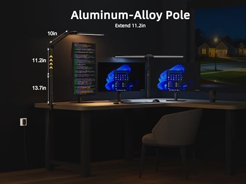 Desk Lamps for Home Office, Sensor Switch Dual Lamp Head | 270° Rotatable & Extendable Aluminum Alloy Arm, Eye-Caring, 24W Dimmable 3 Color Modes Desk Light with Clamp