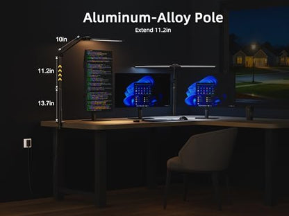 Desk Lamps for Home Office, Sensor Switch Dual Lamp Head | 270° Rotatable & Extendable Aluminum Alloy Arm, Eye-Caring, 24W Dimmable 3 Color Modes Desk Light with Clamp