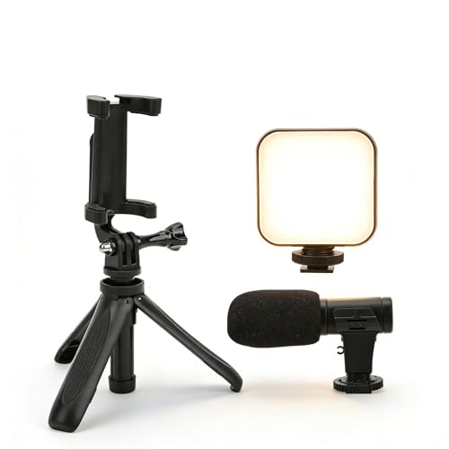 Smartphone Vlogging Kit with 5 - in - 1 Mic, LED Fill Light, Tripod & Phone Holder for Live Streaming and Video Recording - Best Microphone for Podcast & Social Media Creator