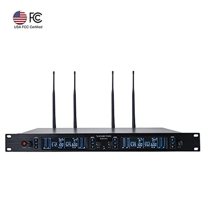 Sound Town 200 Channels Adjustable UHF Wireless Microphone System with Metal Receiver, 4 Handheld Mics and Auto Scan, for Church, School, Outdoor Wedding, Meeting, Party and Karaoke (NESO-SU4HH) - color: Gloss Black