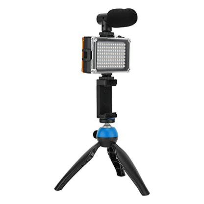 Portable Live Video Kit, Mobile Phone Photography Set with Fill Light Microphone Tripod and Phone Holder for Vlogging Live Streaming (Blue) - color: Blue