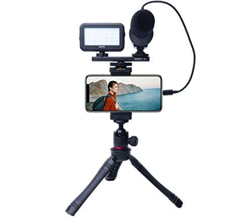 Movo iVlogger- iPhone Android USB Type-C Compatible Vlogging Kit Smartphone Video Kit Accessories: Phone Tripod, Phone Mount, LED Light and Cellphone Shotgun Microphone for YouTube, Vlog