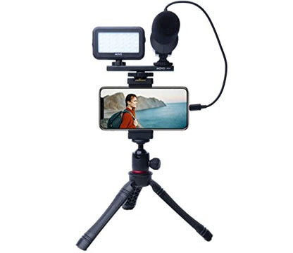 Movo iVlogger- iPhone Android USB Type-C Compatible Vlogging Kit Smartphone Video Kit Accessories: Phone Tripod, Phone Mount, LED Light and Cellphone Shotgun Microphone for YouTube, Vlog