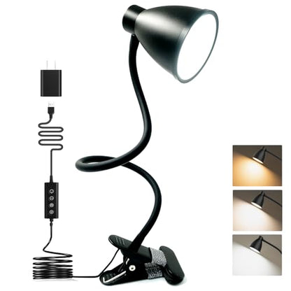 BOHON Desk Lamp 5 Color Modes 10 Brightness Dimmer Reading Light Black | 10W 38 LED Clamp Lamp with Auto Off Timer 360° Flexible Neck Clip on Light for Bed Bedside, AC Adapter Include - color: Black