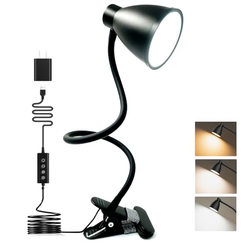 BOHON Desk Lamp 5 Color Modes 10 Brightness Dimmer Reading Light Black | 10W 38 LED Clamp Lamp with Auto Off Timer 360° Flexible Neck Clip on Light for Bed Bedside, AC Adapter Include - color: Black
