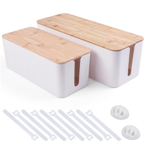 2 Pack Cable Management Box - Cord Organizer Box with Wooden Lid for TV Wires, Power Strips, Router, USB Hub & Under Desk Power: Baby & Pet Proof Cord Management, Cord Hider for Home & Office (White) - color: White