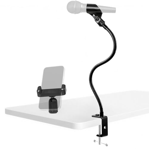 BILIONE 2 In 1 Gooseneck Mic Stand with Phone Clip, 13 Inch Flexible Mic Arm Desk Mount for Podium, Lecture, Podcast, Studio, Microphone Holder Compatible with Shure SM58, Beta 58A, Samson Q2U