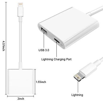 Lightning to USB3 Camera Adapter with Charging Port, Lightning Female USB OTG Cable Adapter for Select iPhone,iPad Models Support Connect Camera, Card Reader, USB Flash Drive, MIDI Keyboard (WHITE) - color: USB+Charging