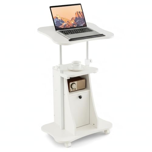 Tangkula Mobile Laptop Podium, Height Adjustable Sit to Stand Desk with Tilting Desktop & Storage Cabinet, Ergonomic Rolling Lectern Cart Laptop Desk, Office Podium Stand on Wheels - color: White, size: 21.5" x 15.5" x 45"