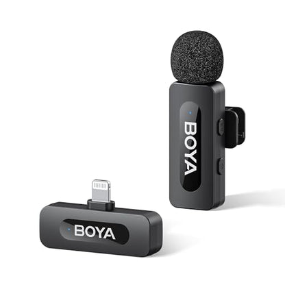 BOYA BY-V1 Wireless Microphones for iPhone iPad with MFi Certified Lightning Port, 328ft Range, 9H Battery Life, Noise Reduction Mini Mic Clip on Lapel Microphone Wireless for Video Recroding - size: 1TX+Lightning RX
