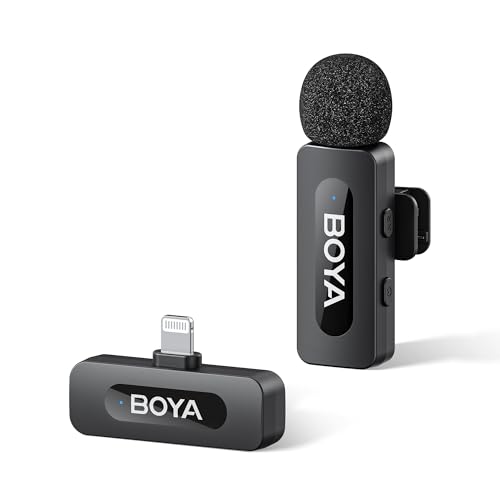BOYA BY-V1 Wireless Microphones for iPhone iPad with MFi Certified Lightning Port, 328ft Range, 9H Battery Life, Noise Reduction Mini Mic Clip on Lapel Microphone Wireless for Video Recroding - size: 1TX+Lightning RX