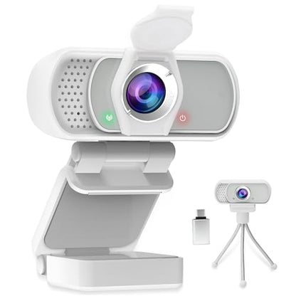 Webcam for PC, HD 1080P Webcam with Microphone, 110° Wide Angle USB Plug & Play - Noise Canceling for Video Calls, Streaming, Gaming - Built-in Privacy Shutter & Tripod - color: White