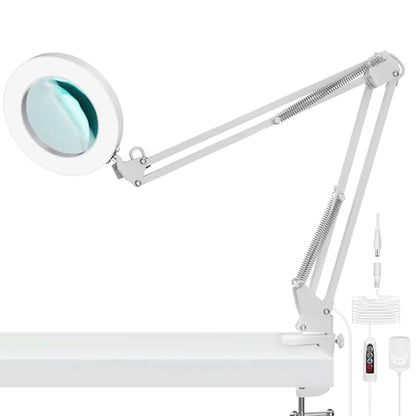 YOUKOYI LED Magnifying Lamp Metal Swing Arm Magnifier Lamp -10 Levels Brightness, 3 Color Modes, 5X Magnification, 4.1" Diameter Glass Lens, Adjustable Industrial Clamp for Reading/Office/Work (White) - color: White1