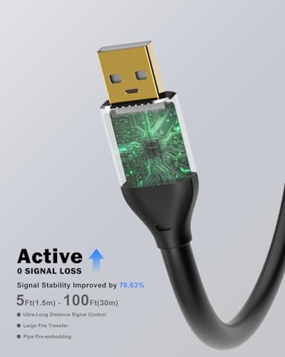 Active USB 2.0 Extension Cable 65FT(20M)with Built-in Signal Booster, 480Mbps High Speed Data Transfer Male to Female Repeater Cord, in-Wall-Long USB Extender for VR/Printer/Hard Drive/Xbox/PC - size: 65 ft (20m)