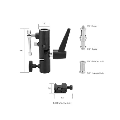 Camera Flash Bracket with Cold Shoe Mount, Solid Metal Material, Adjustable Speedlite Swivel Light Stand Bracket with Umbrella Holder,1/4 to 3/8 Adapter Screw for Flashes Studio LED Lights